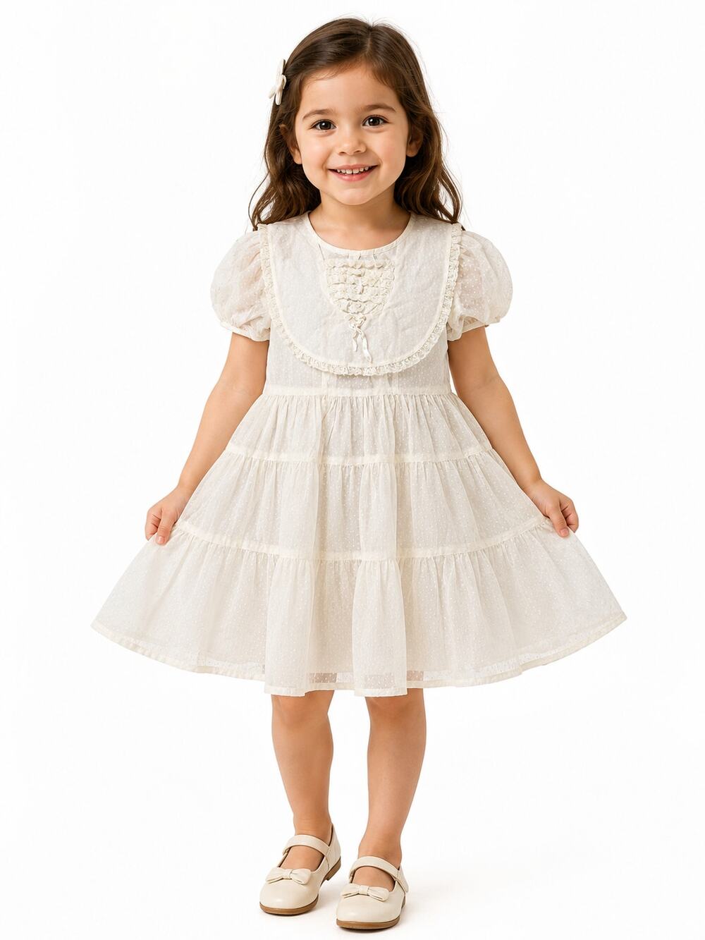 VTG Miss Quality Fit & Flare Dress Girls Off-White Swiss Dot Lace Trim Tiered